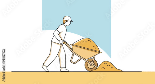 Man pushing a wheelbarrow filled with sand.