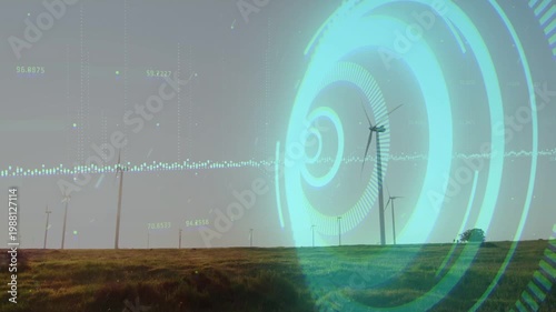 Wind turbines rotating on plain, wind activating cyan ring and waveform displaying power data