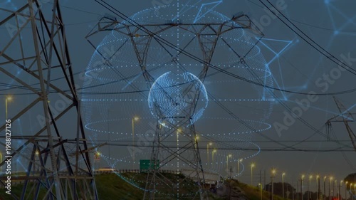 Blue hologram appearing around tower, core forming, rings orbiting, nodes pulsing visualizing grid