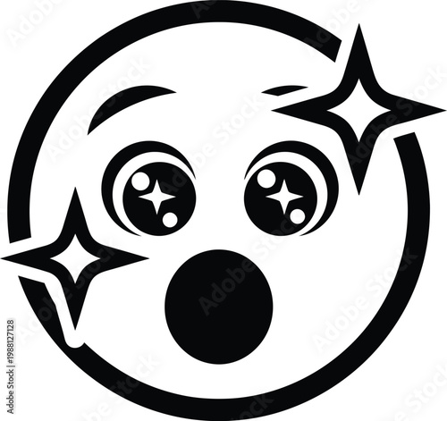 Charming kawaii emoticon a black and white illustration of a sparkling excited face