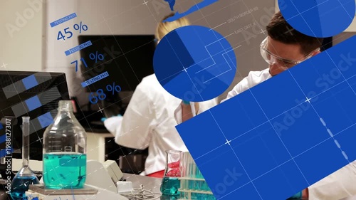 Pipetting lab tech in lab PPE using single pipette prepping samples at bench, data overlays rising
