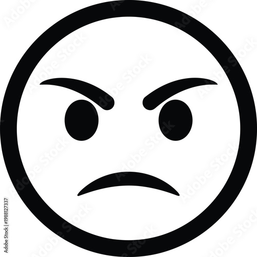 Black and white circular icon depicting an angry or displeased facial expression conveying negative emotion