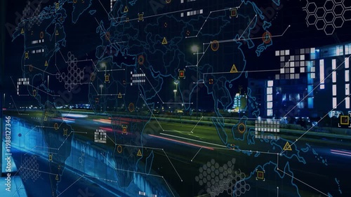 Urban highway showing light trails, world map fading in and animating grids monitoring traffic data