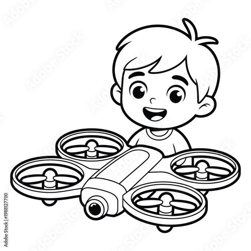 A cheerful boy joyfully holds and operates a small modern drone silhouette
