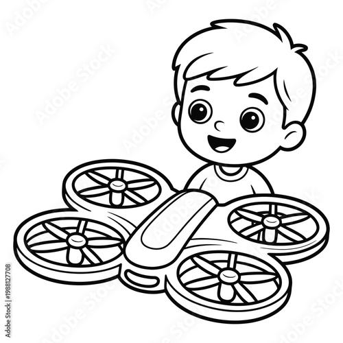 A young boy joyfully operates a drone with detailed propellers a striking silhouette