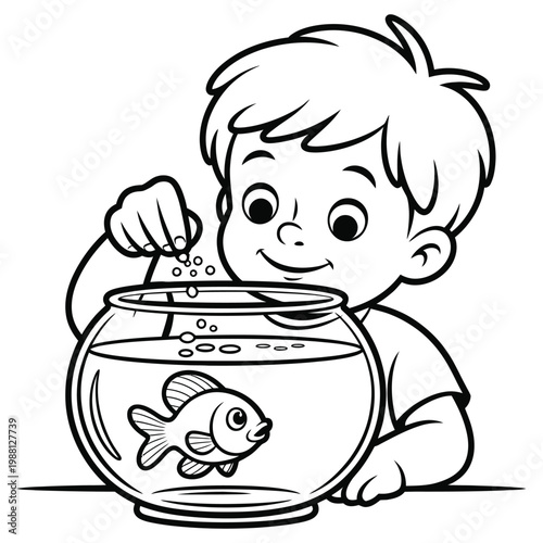 A young boy curiously peers into a fishbowl observing a swimming goldfish silhouette