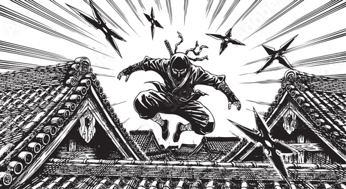 ninja jumps between roofs with shuriken