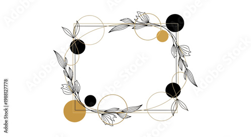 Elegant geometric floral frame with circles and leaves, clean design isolated on transparent background