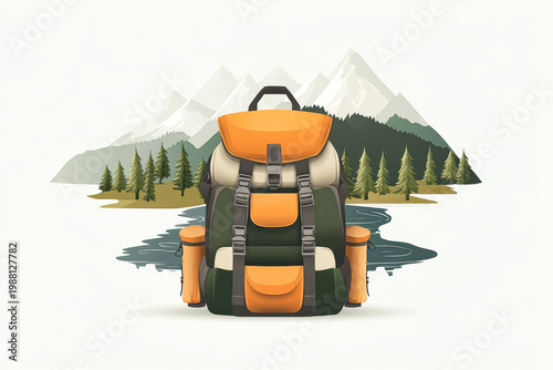 A backpack rests next to a river surrounded by mountains and trees under bright daylight. The scene shows a typical outdoor setting for activities