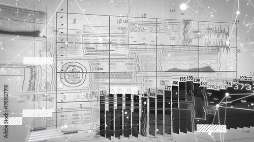 UI elements appearing on wall and starting 3D bars growing then receding, showing business data