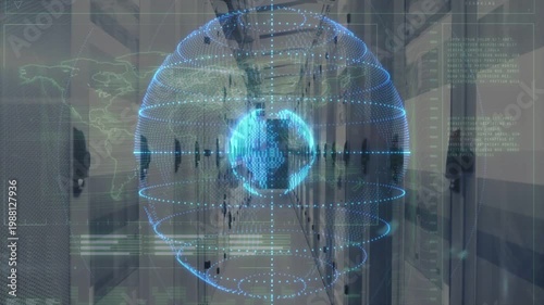 Network monitor detecting spike, showing blue sphere above server racks, core morphing HUD pulsing