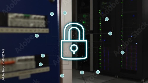 Glyph appearing neon padlock morphing drawing circuits lighting nodes to servers securing network