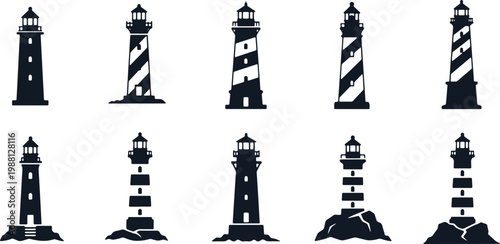 Set of lighthouses with different designs and bases on transparent background for graphic use.
