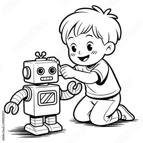 A young boy cheerfully interacts with a boxy robot a charming black silhouette