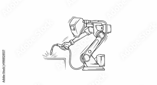 Detailed illustration of a robotic arm performing a welding operation on a metal edge