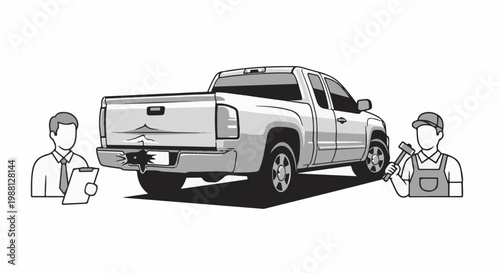 Damaged pickup truck being assessed by an inspector and repaired by a mechanic