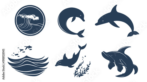 Collection of stylized ocean themed graphics featuring dolphins, waves, and marine elements in dark blue hues