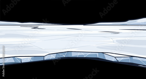 Cracked ice surface with distant, snowy hills under a dark sky