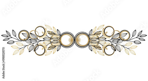 Symmetrical Decorative Flourish with Leaves and Circles, Elegant Ornamentation isolated on transparent background