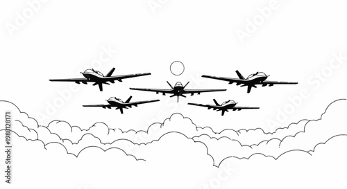 Five jet aircraft formation flying above clouds under a bright sun