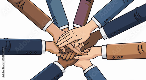 Diverse hands in suits piled together showing unity and collaboration