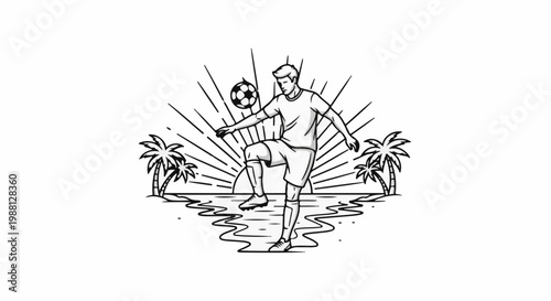 Person playing soccer on a beach with palm trees at sunset