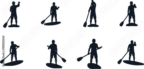 Silhouette stand up paddleboarder person surfing waves on water with paddle active lifestyle.