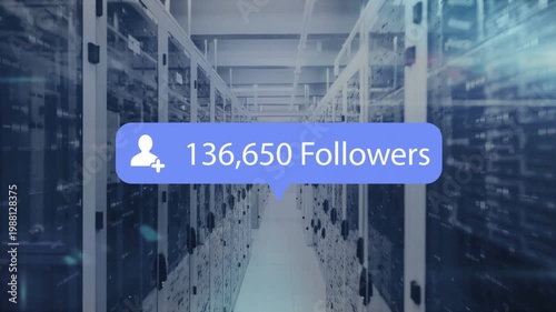 Camera moving down server aisle, follower bubble emerging and counting up to show follower growth