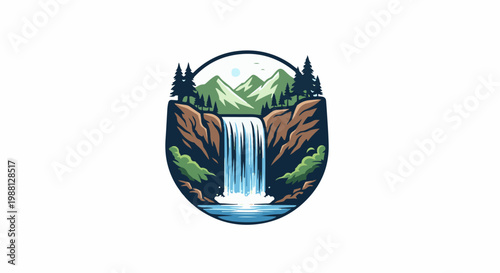 Scenic waterfall cascading down rocky cliffs with mountains and pine trees