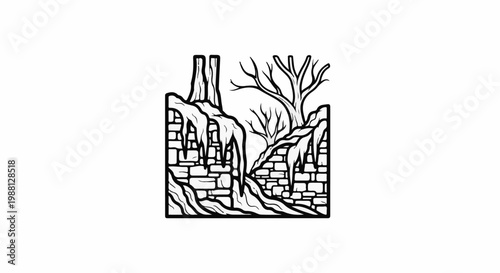 Stylized depiction of frosty stone wall with bare trees and icicles