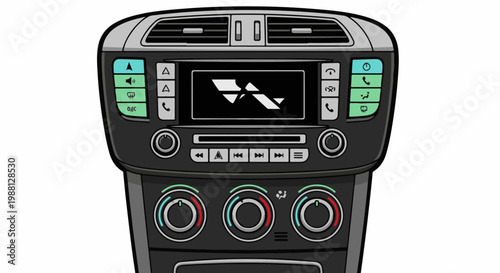 Stylized illustration of a modern car's central console with controls and screen