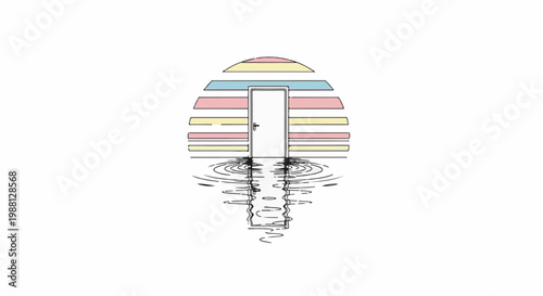 Surreal door opens to layered sunset reflected on rippling water