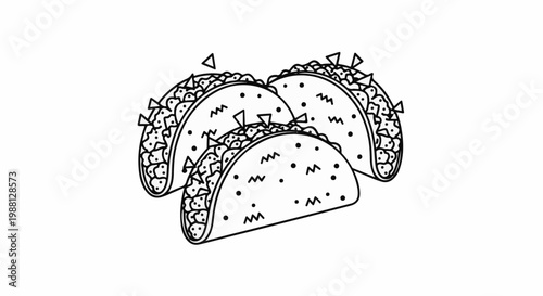 Three delicious tacos with fun toppings, drawn in a simple black and white outline style