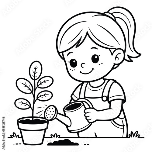 A young girl cheerfully waters a small plant in a pot black silhouette