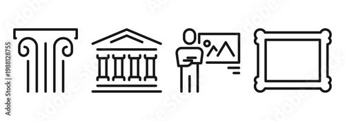Museum and art gallery icons and symbols set, exhibition elements, picture frame, sculpture, artwork display, cultural heritage and creative presentation signs, linear outline design.