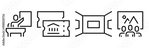 Museum and art gallery icons and symbols set, exhibition elements, picture frame, sculpture, artwork display, cultural heritage and creative presentation signs, linear outline design.