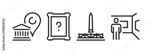 Museum and art gallery icons and symbols set, exhibition elements, picture frame, sculpture, artwork display, cultural heritage and creative presentation signs, linear outline design.