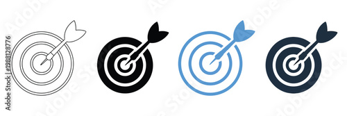Business strategy and success target icon set, arrow hitting bullseye symbols in modern line and flat vector style, representing goal achievement, planning