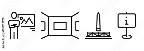 Museum and art gallery icons and symbols set, exhibition elements, picture frame, sculpture, artwork display, cultural heritage and creative presentation signs, linear outline design.