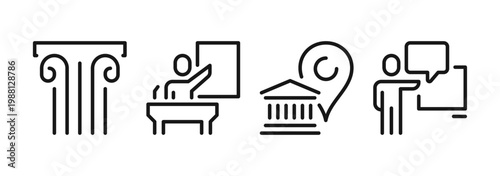 Museum and art gallery icons and symbols set, exhibition elements, picture frame, sculpture, artwork display, cultural heritage and creative presentation signs, linear outline design.