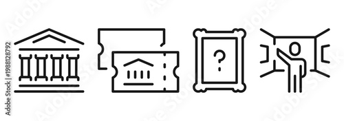 Museum and art gallery icons and symbols set, exhibition elements, picture frame, sculpture, artwork display, cultural heritage and creative presentation signs, linear outline design.