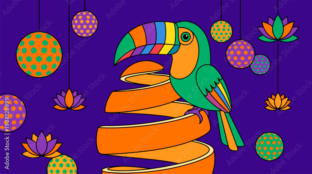 Naklejka premium Surreal Tropical Toucan on Spiral Orange Peel Pop Surrealism Flat Illustration with Bold Outlines and Polka Dot Accents