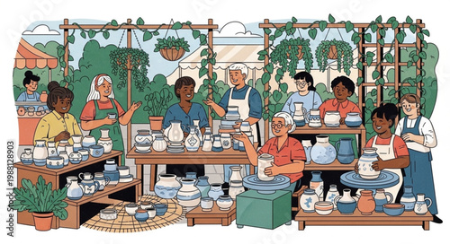 Diverse group of people working together in a pottery studio.