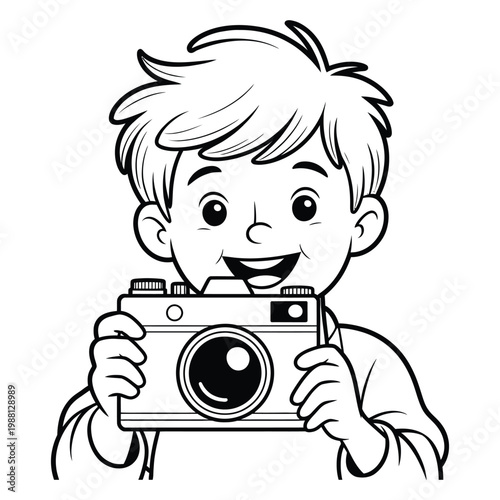 A cheerful young boy enthusiastically holds and operates a vintage camera silhouette