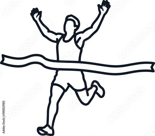 Runner crossing finish line arms raised in victory celebration triumphant athlete winning race achieving goal.