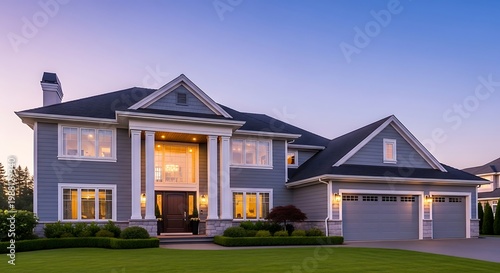 Large Gray Two Story House with Grand Entrance at Dusk