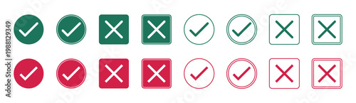 Checkmark cross mark icon. Green checkmark and red cross mark sign.  Right or wrong icons. Checkmark and cross mark icon for apps and websites. Vector Illustration