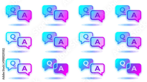 Question and answer 3d icon set. Chat, speech bubble, Q and A, ask, support, dialog, help center glass gradient symbol on white background - stock vector.