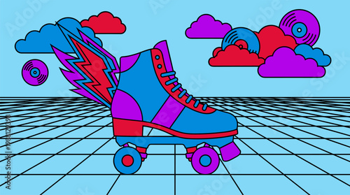 Retro Winged Roller Skate with Lightning Bolts and Vinyl Records Pop Surrealism Flat Illustration Bold Outlines