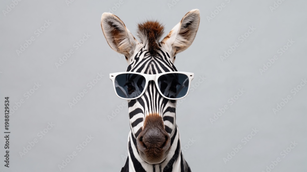 Fototapeta premium Zebra wearing white sunglasses poses against a plain gray background, showcasing its distinctive black and white stripes and playful demeanor